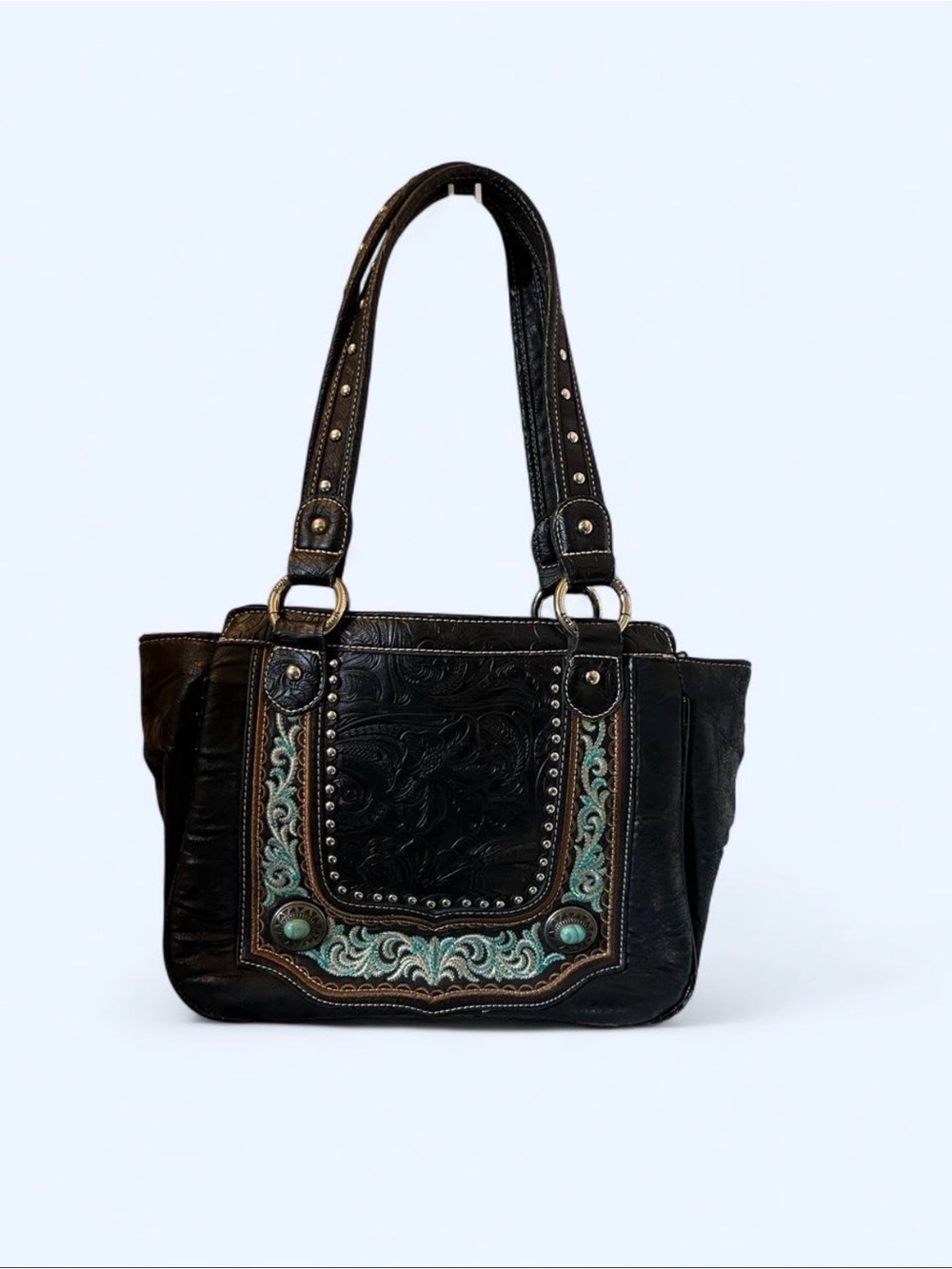 Montana West Black Western Tooled Shoulder Bag Turquoise Studded